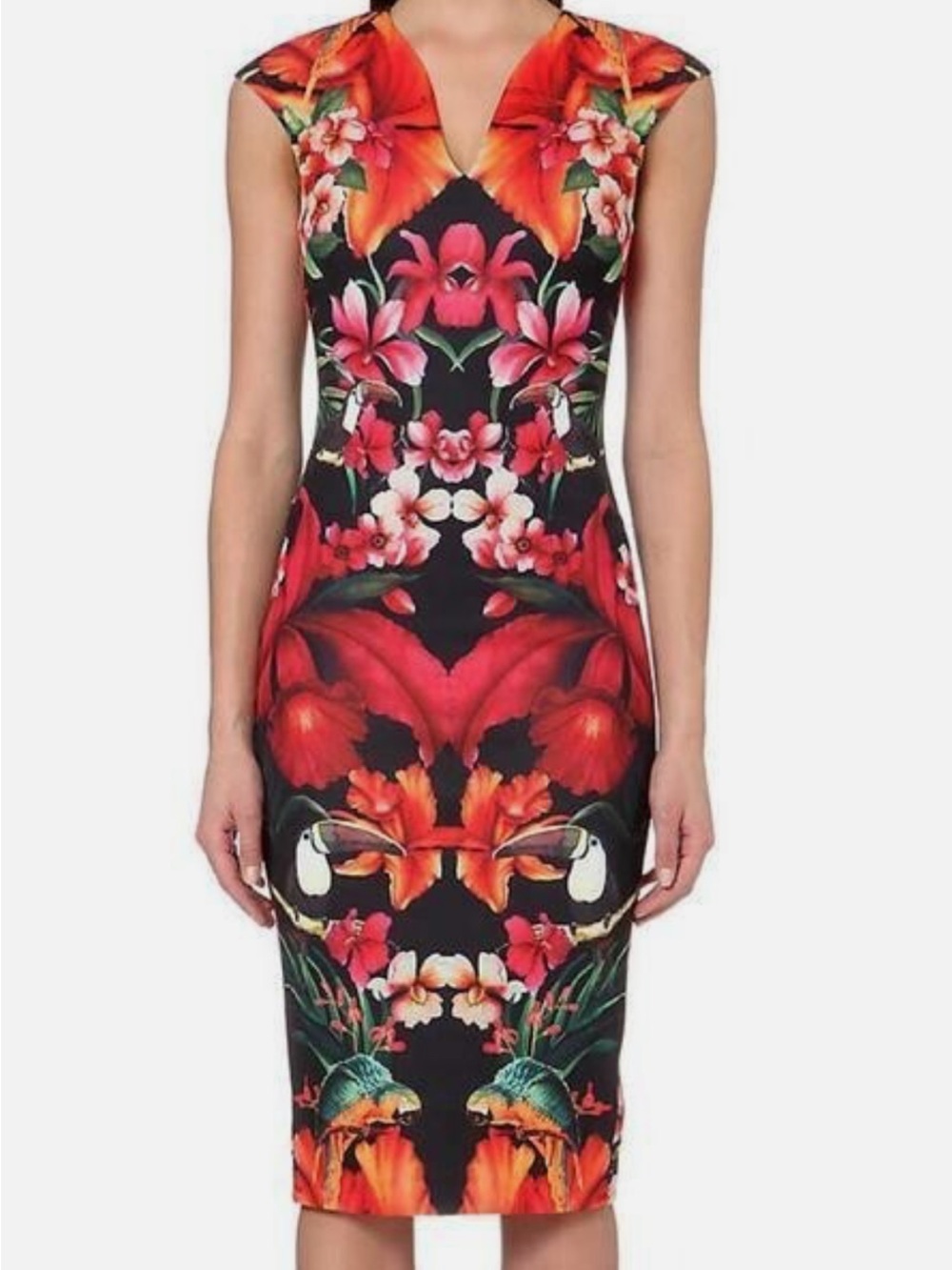 Ted Baker Black Dress with Red and Orange Tropical Floral Print